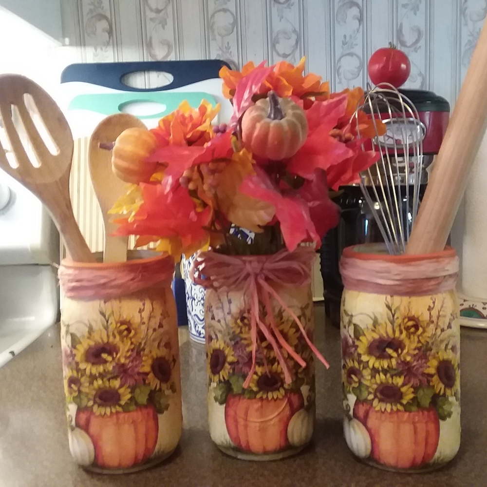 3 Pc Fall Themed Mason Jar Set